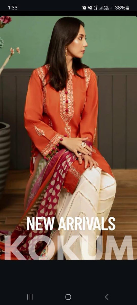 3 Pcs Women's Unstitched Embroidered Suit